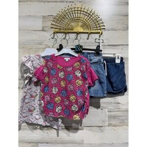 Mila & Rose Flapdoodles‎ Girls 5T Pink Blue Sequin Cat Shirt Denim Shorts Bundle